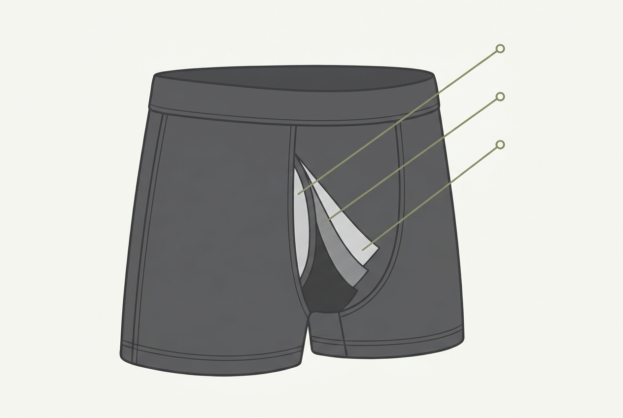 Gjennomskaaret illustrasjon av lekkasjesikre boxers med tre lag