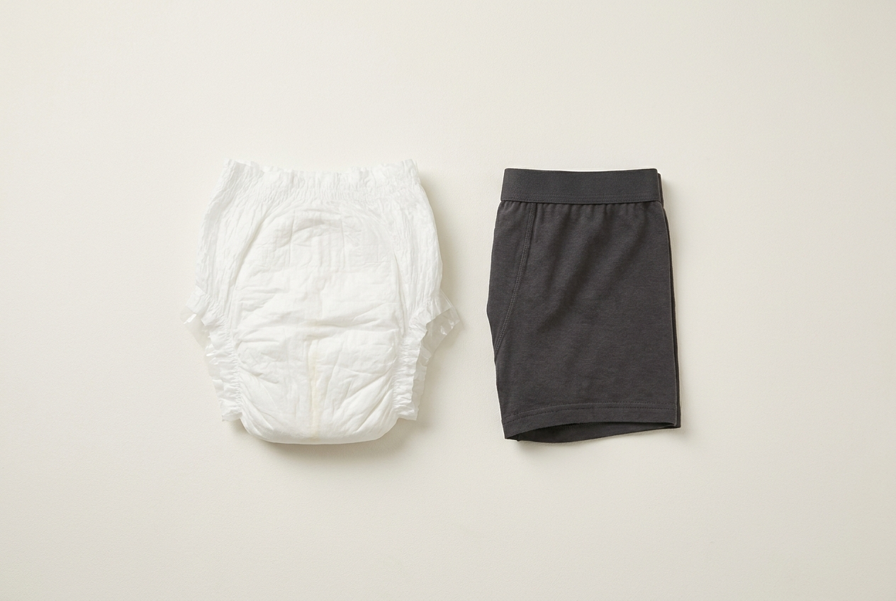 Engangsbleie ved siden av lekkasjesikre boxers