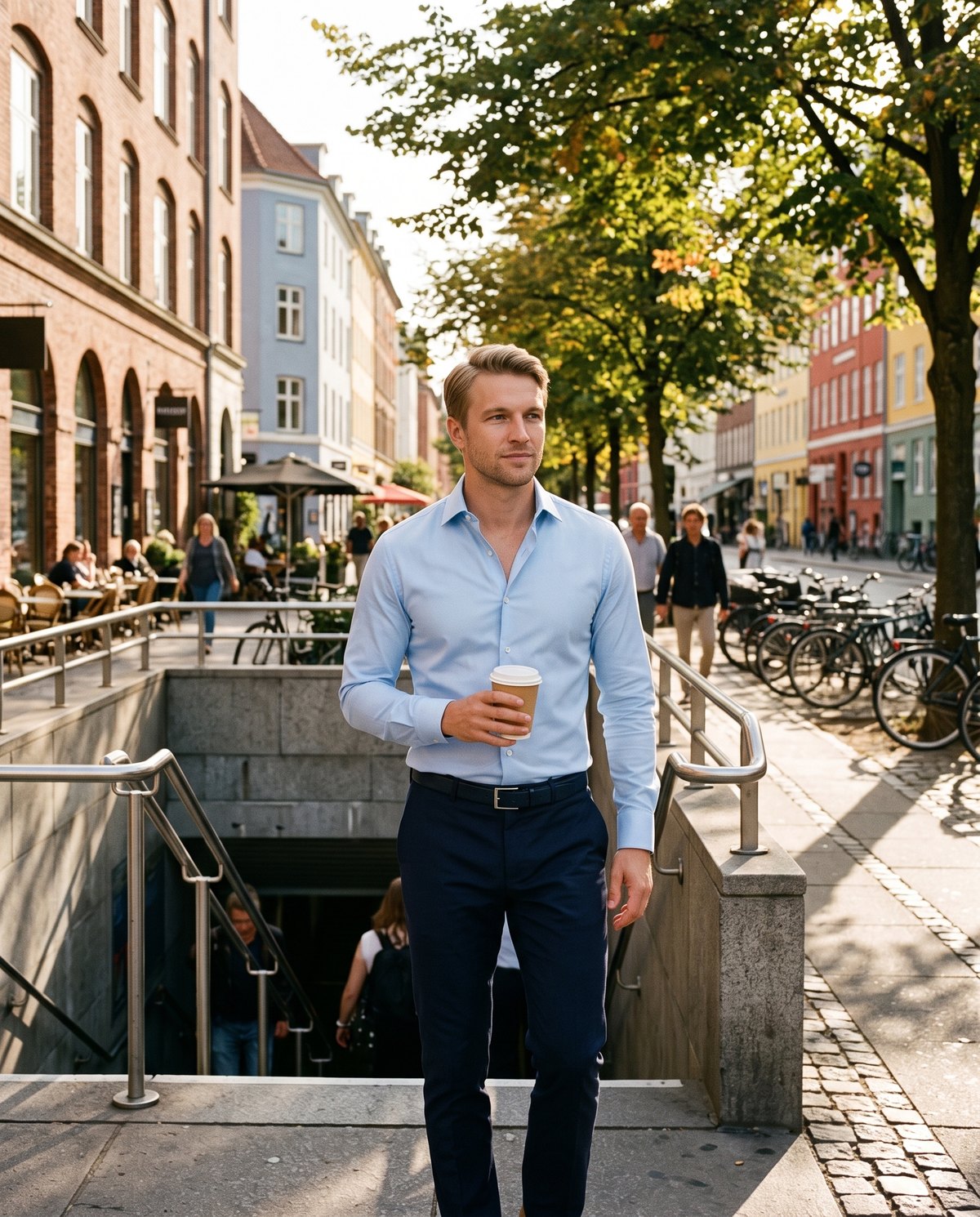 Mann i lyseblå Heldagsskjorte med kaffe på vei opp fra T-banen