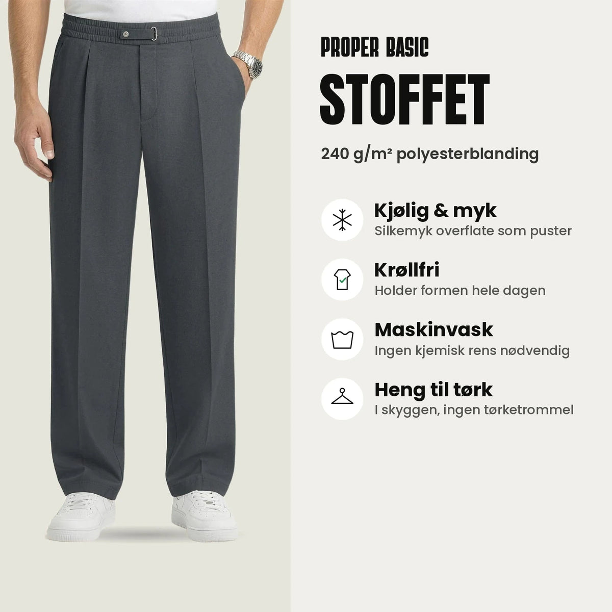 Stoffet: kjølig og myk polyesterblanding, krøllfri og maskinvaskbar