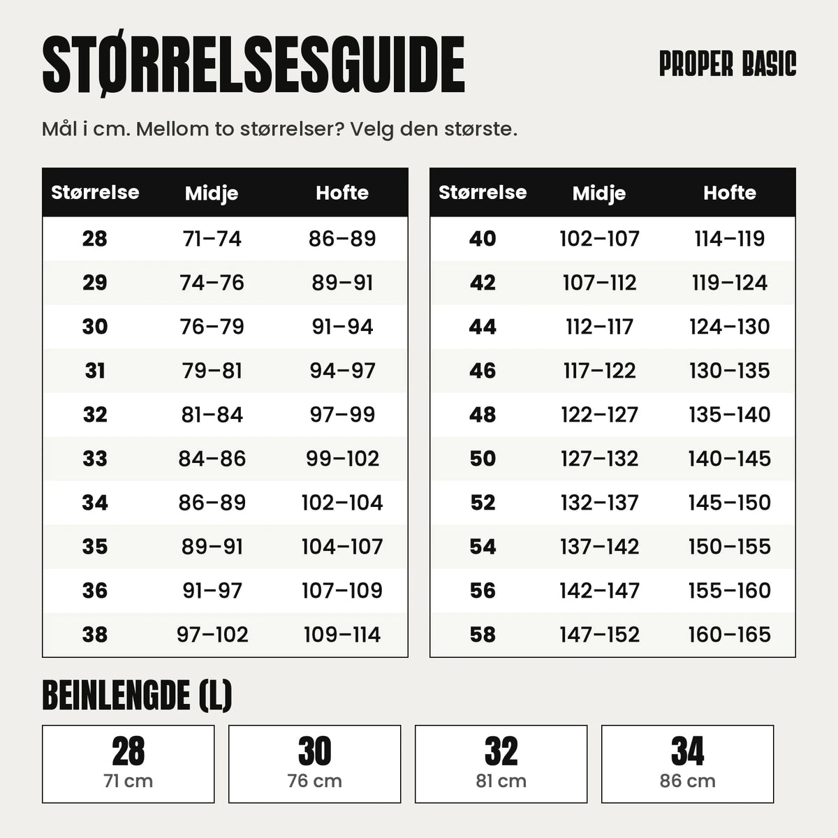 Størrelsesguide for Proper Basic dressbukser med midje og hofte i cm
