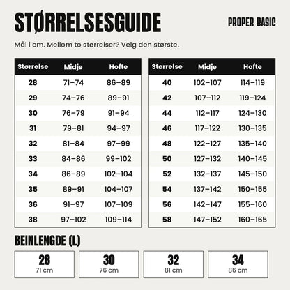 Størrelsesguide for Proper Basic dressbukser med midje og hofte i cm
